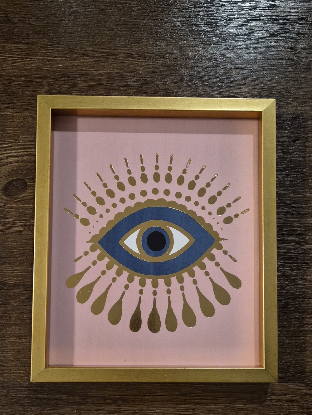 Gold Wooden Framed Eye Art Print on Pink 11" X 13"
